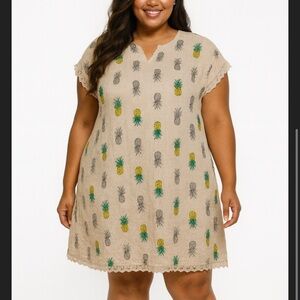 Sunflower Brand Made in Italy Linen Dress Lace Trim Pineapple Print 2X
